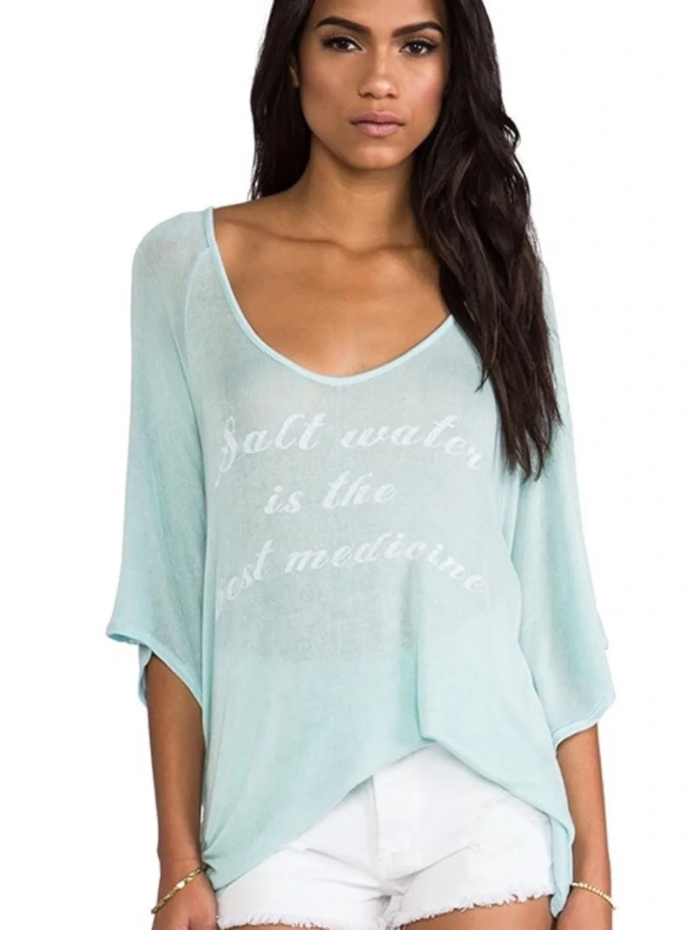Wildfox Light Aqua Beach Coverup Top with Script Graphic